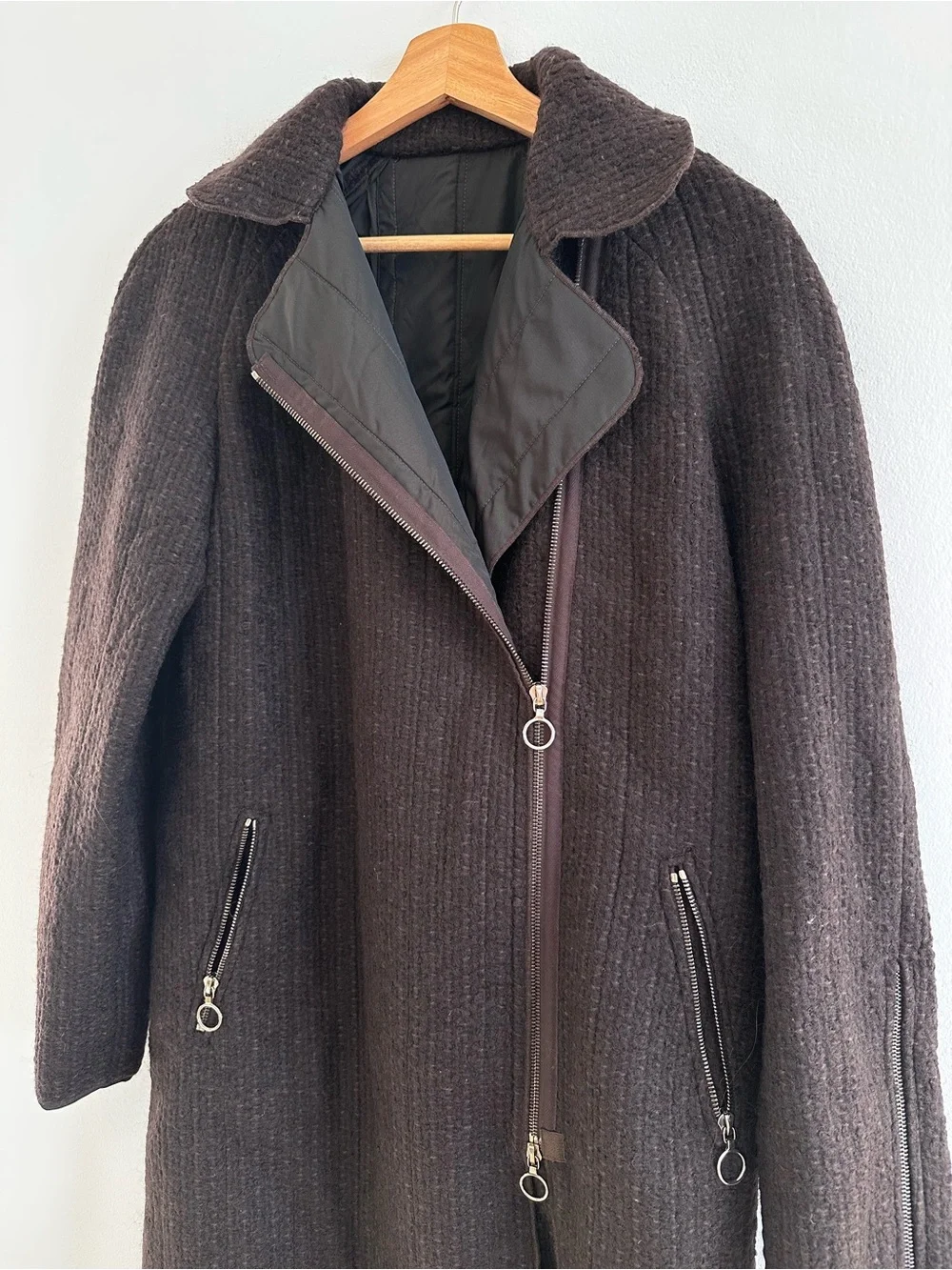 Cesare Fabbri Virgin Wool Coat Made in Italy Brown Moto Trench Style Medium